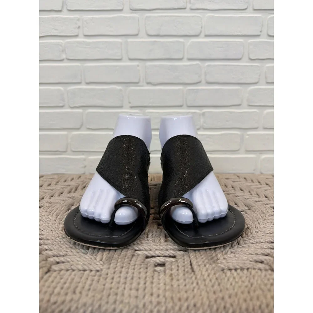 Donald Pliner Vesna Black Metallic Leather Wedge Toe-Ring Sandals 7.5